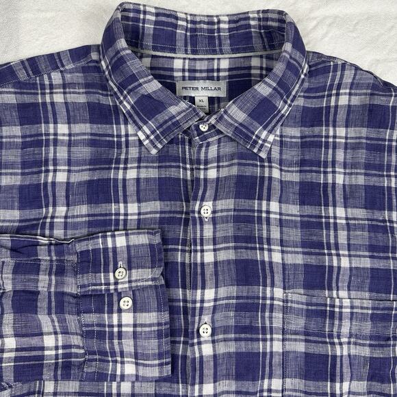 Peter Millar XL 100% Linen Button Down Shirt Long‎ Sleeves Blue Plaid MSRP $160 - Picture 1 of 7